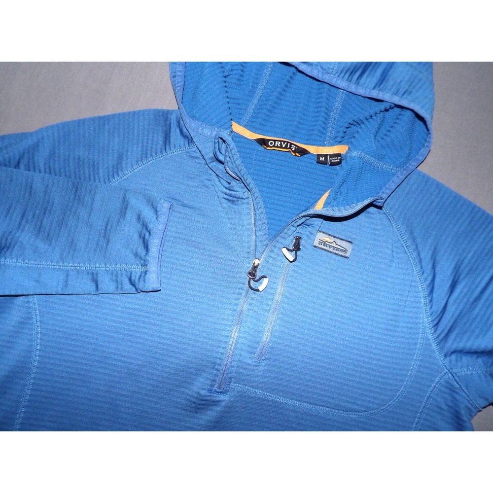 ORVIS Blue Fleece Lined Pull Over Stretch 1/4 Zip Hoodie Jacket Men's Medium